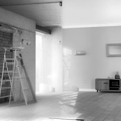Comparaison avant/après de la rénovation d’un appartement, avec des travaux sur murs en briques apparentes et aménagement moderne finalisé.