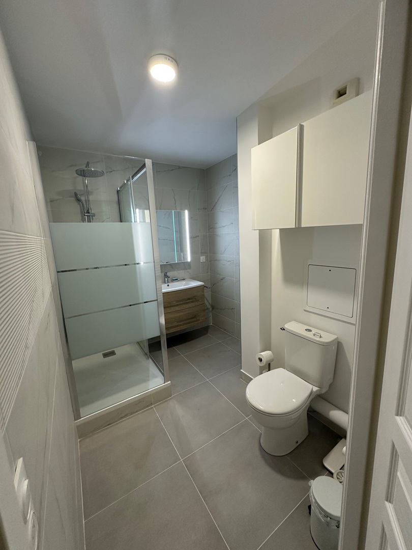 sdb soisy sous montmorency (1) Salle de bain rénovée à Osny (Val-d’Oise), au style contemporain et épuré. Revêtement mural effet béton, meuble en bois clair avec vasque moderne et miroir rétroéclairé. Baignoire îlot design, niche murale lumineuse et touche végétale suspendue pour une ambiance zen.